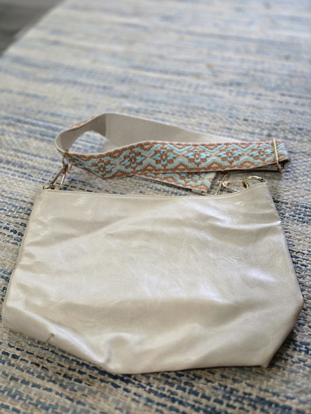 Cream Crossbody Tote with Patterned Removable Woven Strap